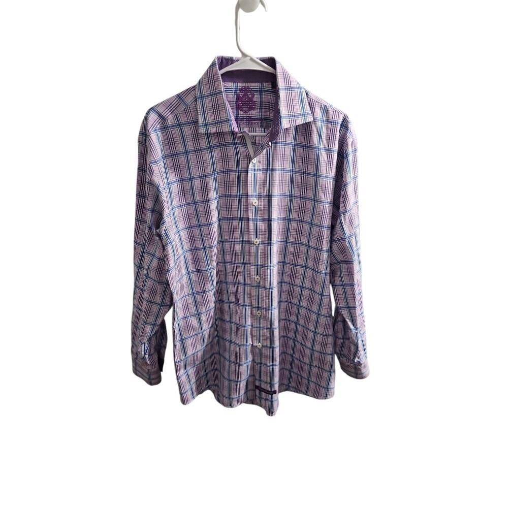 English Laundry Men's Purple‎ Blue Plaid Dress Shirt Size 16 32/33